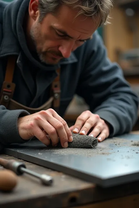 A person polishing the burrs of a steel plate with an emery