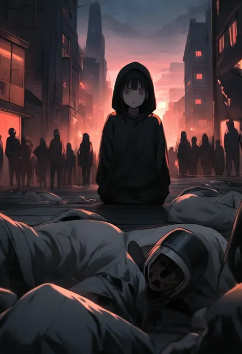 Human-looking robot in black hoodie and bloody black jeans staring blankly at the screen with a dead body on the floor right in front of you,with scared people ,a city in the background 