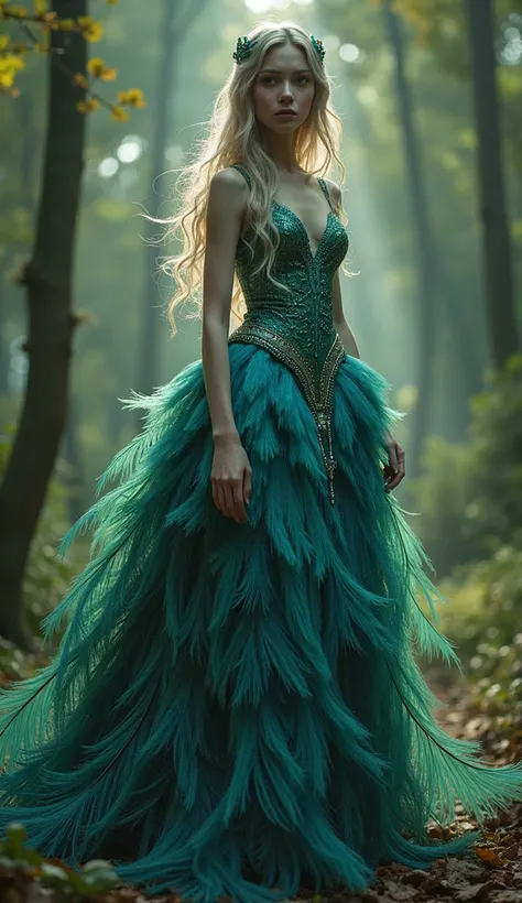 A highly detailed cinematic image of a hybrid creature combining the elegance of a young woman and the vibrant features of a peacock. The figure has a human upper body with delicate facial features, large eyes, and long, flowing hair that seamlessly transi...