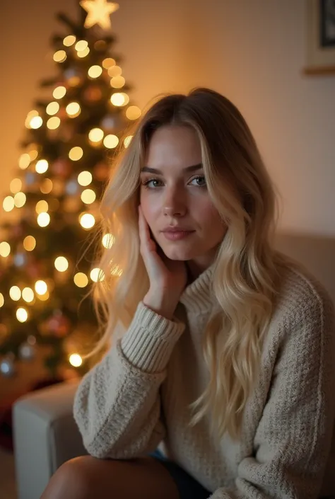 Real high-resolution photo,  beautiful young woman ,  blonde ,  looking at the camera , at a New Years photo shoot in a beige room with a beautiful decorated Christmas tree in the corner, sits on the couch around a Christmas tree 