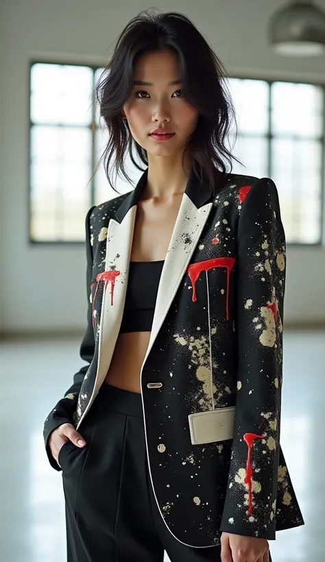 A high-fashion editorial featuring an Asian woman styled in a bold black-and-white splattered blazer with distressed edges and sheer asymmetrical chiffon trousers. Her dark, slightly tousled hair cascades naturally over her shoulders, and her painterly mak...