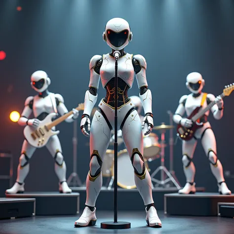  microphones、AI Gainoid Rock Singer standing in front of the microphone with a white body and a gold accent 、 drums、guitar、All 3 bass backbands are also guinoids。