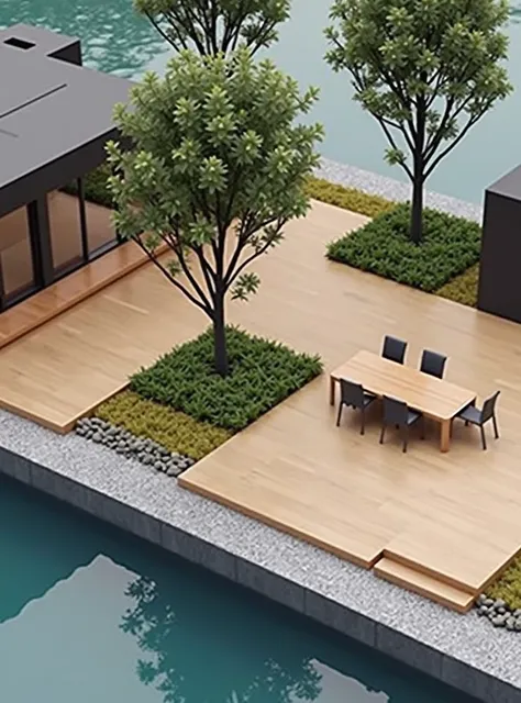 Professional architectural perspective and three-dimensional rendering of Landscape design in the form of a rectangle and a width of ten meters and a width of five meters and along the path on both sides of the thermowood and the sides are decorated with g...