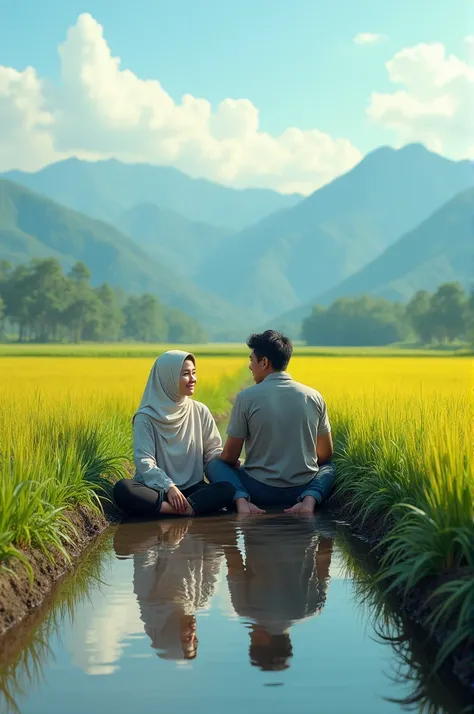 an Indonesian man wearing casual clothes with trousers rolled up, together with an Indonesian woman wearing a hijab wearing casual clothes, both of them are sitting in a ditch with water next to a rice field that has just been planted with rice, looking fo...