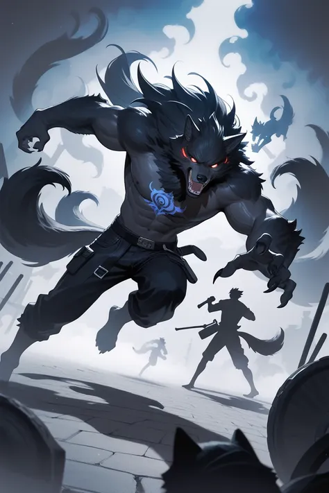 Shadow person, male, fog, shadow aura, nine tails, Black silhouette, wolf, werewolf, Action pose, sauce_anime, figure, Official Artwork, anime style, wallpaper, Official Art