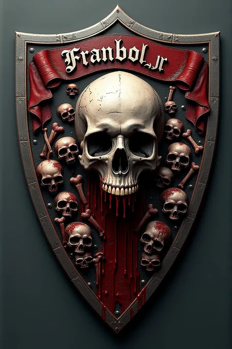 Create a shield like a boat but with the name 
FRANBOL . JR WITH AN IMAGE OF A BLOODY SKULL AND LOTS OF BONES OR SKULLS AROUND IT