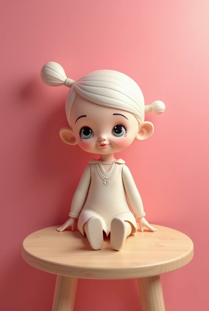  A doll sitting on a table with a pink wall behind, 2d matte , 2d matte ,  by Maruja Mallo ,  marketing design ,  Disney colors ,  matte 3d illustration ,  3d still designs ,  Disney character style ,  Senior 3D rendering artist , pixar animation style,  s...