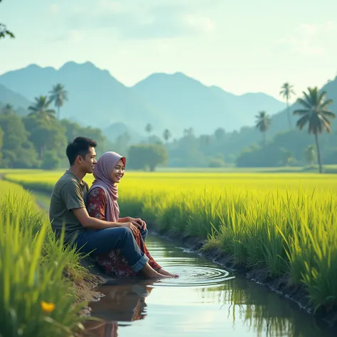 an Indonesian man wearing casual clothes with trousers rolled up, together with an Indonesian woman wearing a hijab wearing casual clothes, both of them are sitting in a ditch with water next to a rice field that has just been planted with rice, looking fo...