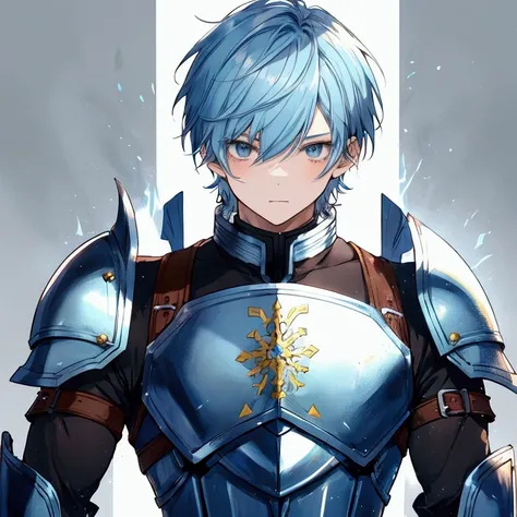 anime, boys,juvenile,Short Hair, light blue hair, s, fantasy,Warrior,brown leather armor