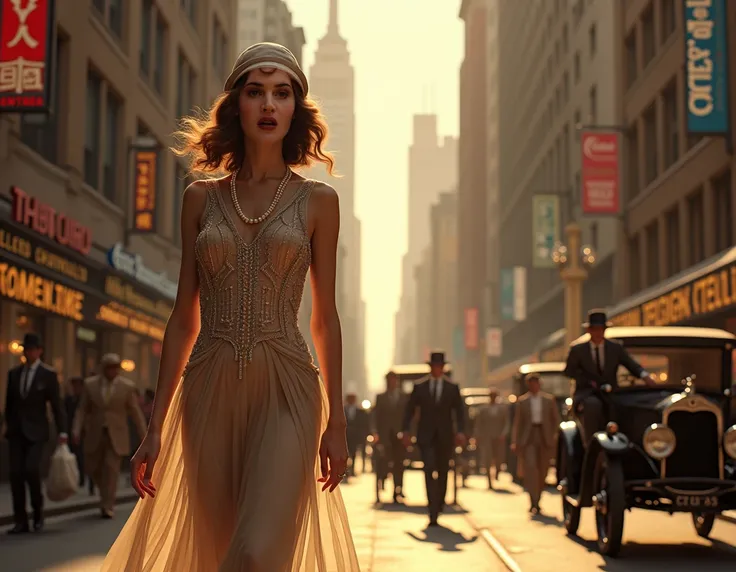 Young wavy haired woman from the 1920s walks through New York City in the 1920s