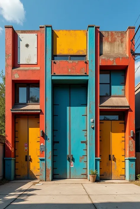  Facade of a warehouse with 3 tall doors , a gate wider than the others ,  that is somewhat modern and that does not have any glass, That has color and looks like a hardware store, Let your façade not be so simple