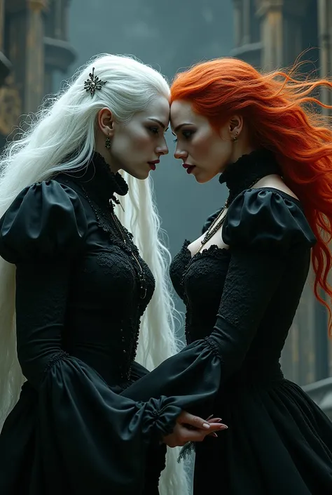 White-haired Gothic woman fighting a redhead