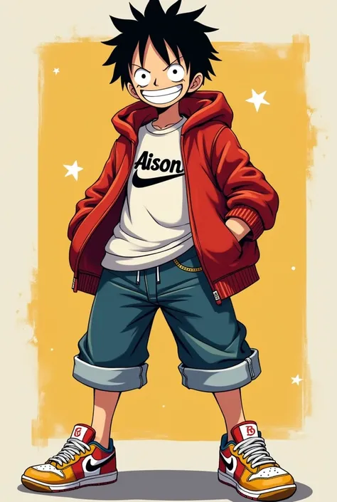 luffy wearing a hoodie with the name AISON stamped on it, while smiling and wearing nike shoes