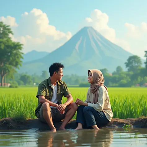 an Indonesian man wearing casual clothes with trousers rolled up, together with an Indonesian woman wearing a hijab wearing casual clothes, both of them are sitting in a ditch with water next to a rice field that has just been planted with rice, looking fo...