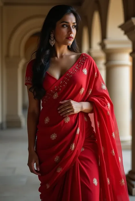 a woman in a red sari posing for a picture, indian goddess, traditional beauty, dressed in a sari, indian, wearing a sari, curvaceous. detailed expression, cinematic goddess body shot, candid shot, gorgeous woman, provocative indian, wearing sari, very att...