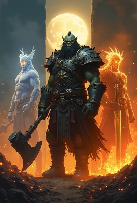 A triptych of three characters framed in glowing runes and smoke:
A proud orc warrior clad in battered armor, holding a massive axe, standing in a field of smoldering ash.
Two rangers transformed into divine beings mid-hunt, their forms glowing faintly wit...