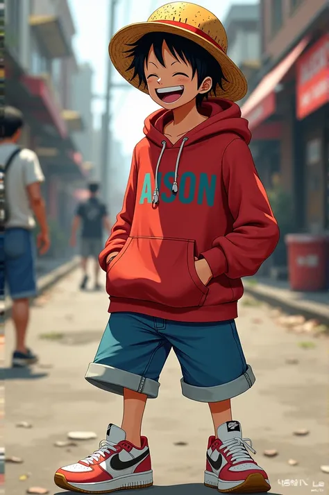 luffy wearing a hoodie with the name AISON stamped on it, while laughing wearing nike shoes