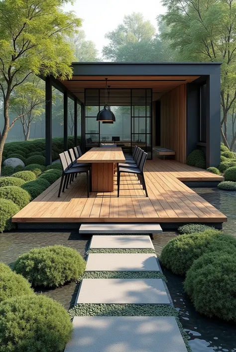 Professional architectural perspective and three-dimensional rendering of Landscape design in the form of a rectangle and a width of ten meters and a width of five meters and along the path on both sides of the thermowood and the sides are decorated with g...