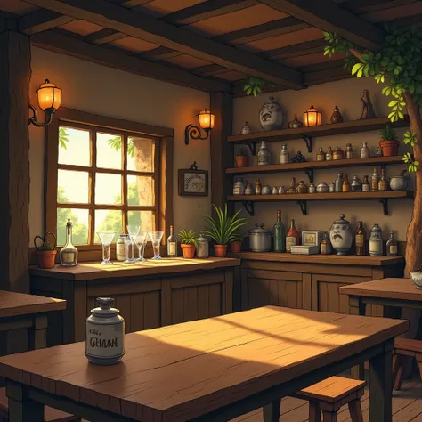 studio ghibli style, tavern with wooden table, no humans, view from the table 