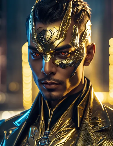 cyberpunk male lucifer, gold metallic face, silver metallic body, glowing eyes, sharp features, detailed face, intricate cybernetic implants, advanced futuristic technology, harsh lighting, industrial cityscape background, dramatic shadows, moody colors, c...