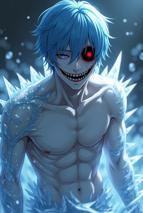   anime style . A pale man ,  shirtless and with short blue hair .  He has a psychotic smile on his face . Half of his face is made of ice ,  making his eye just a black hole with a red dot inside.  His right arm is also made of ice .  The presence of this...