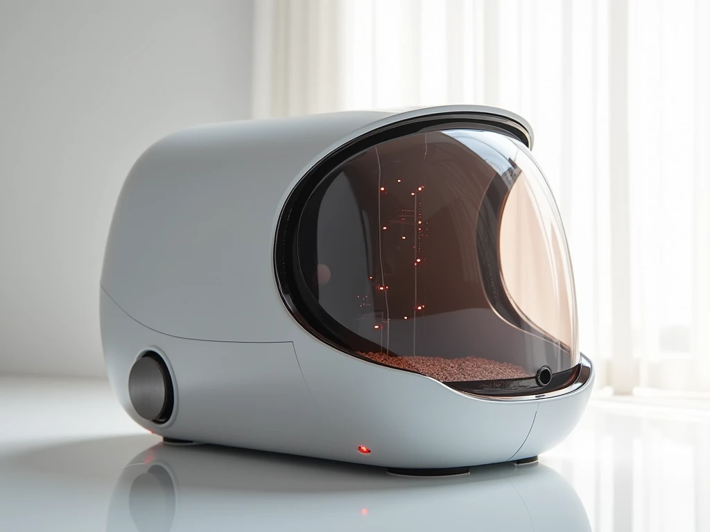 Cat litter box with a futuristic and minimalist design that combines elegant, transparent materials with metallic and matte finishes. The object displays clean lines, subtle curves and a high-tech aesthetic. Transparent components reveal internal details, ...