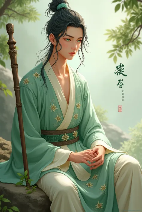 Do it in xianxia style. Ling Wei exudes calm and serenity, his delicate features framed by dark grey hair tied into an elegant topknot, with loose strands cascading around his face. His emerald green eyes seem to glow faintly, reflecting his connection to ...