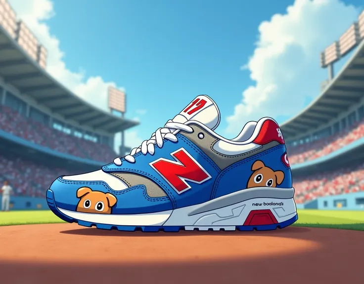 photograph, Nikes Killer Content,  Side View, in ball park, New sneaker of New balance , tips part on  member number , red number 17,   with New Balance logo,  Dodgers blue  and white color design, front toe dog eye only , illustration, back  cute decoy of...