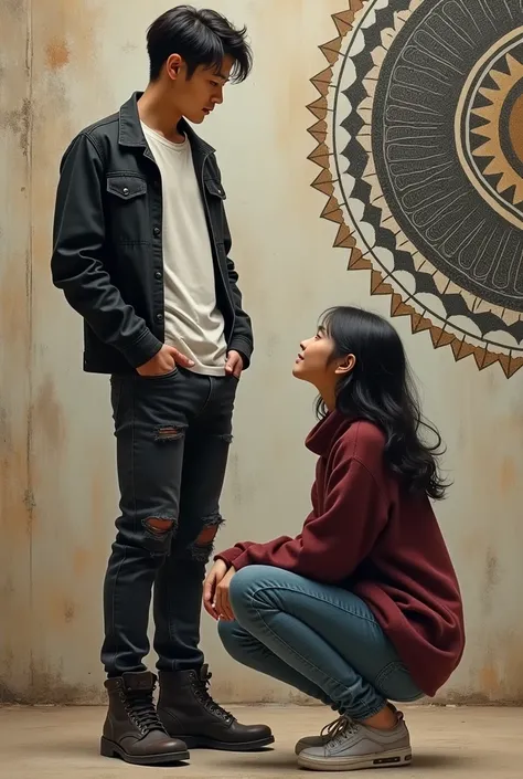 a handsome young asian man ,  wearing a black jacket , white t-shirt,  long black jeans slightly torn at the knee , boots,  standing and looking at a beautiful young asian woman ,  wearing a maroon sweater ,  jeans pabjang , casual shoes ,  squatting and s...