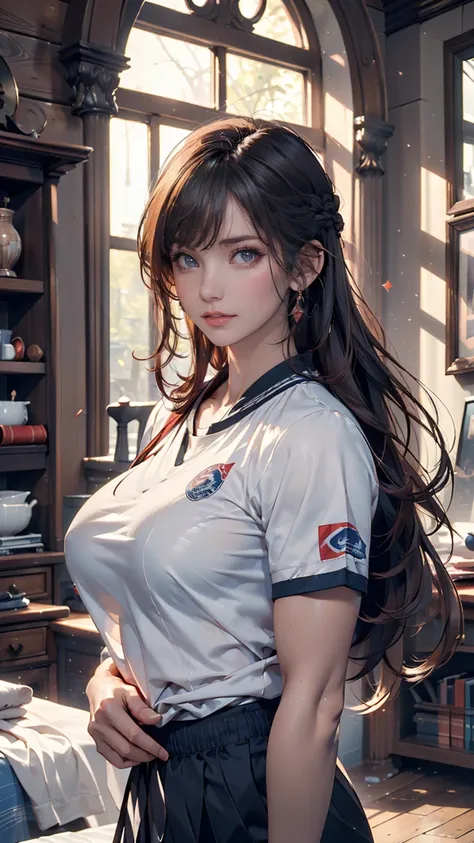 (( top quality, 8k, masterpiece :1.3)),  1 girl,  pretty woman with an emphasis on slender abs :1.3, ( random hairstyle ,  huge breasts :1.2),  casual clothes  :1.2, indoor,  super detailed face,  Details Eyes ,  double eyelids in judo uniforms  