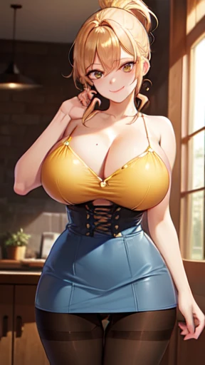 1girl solo, huge breast, yellow ponytail hair, bangs, yellow eyes, (blue camisole dress:1.2), cleavage, spaghetti strap, tight clothes, indoors, night house, seductive pose, seductive smile, pussy, black (high waist skirt:1.5), seductive smile, (Detailed:1...