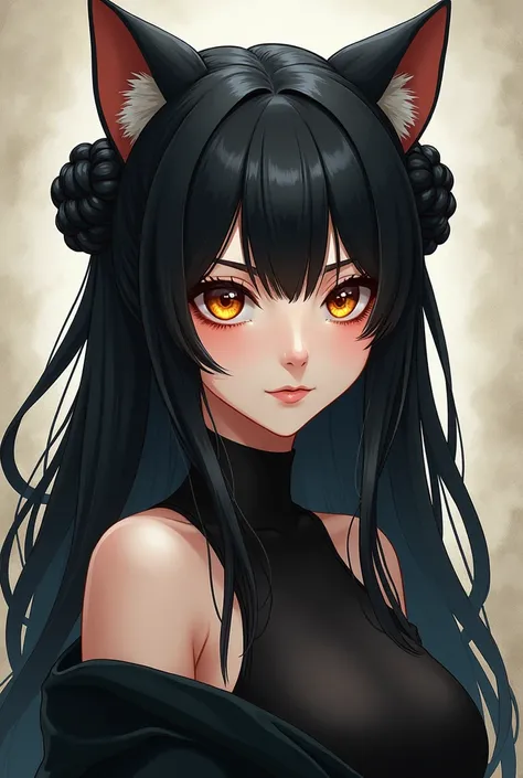 Anime style woman with black hair in chongos ,  cat ears and amber eyes dressed in black