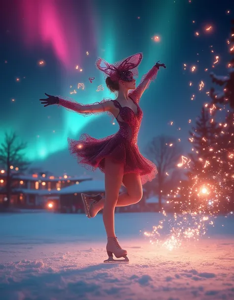 (effect of Musical staves and notes appear flowing on the screen, Lively and colorful music staves and notes flowing). Outdoor skating rink, A dynamic pose, Dynamic movement, figure skating, Wearing a leotard and miniskirt-length frill outfit, Costumes mad...