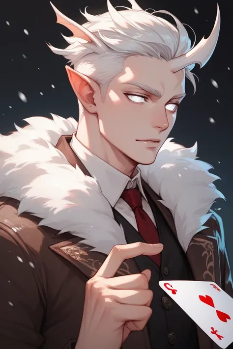  A changeling  (Dnd 53 ) With skin as pale as snow, white eyes without empty pupils and with long white hair tied behind and shaved at the sides.  is a man with  ,  playing cards 