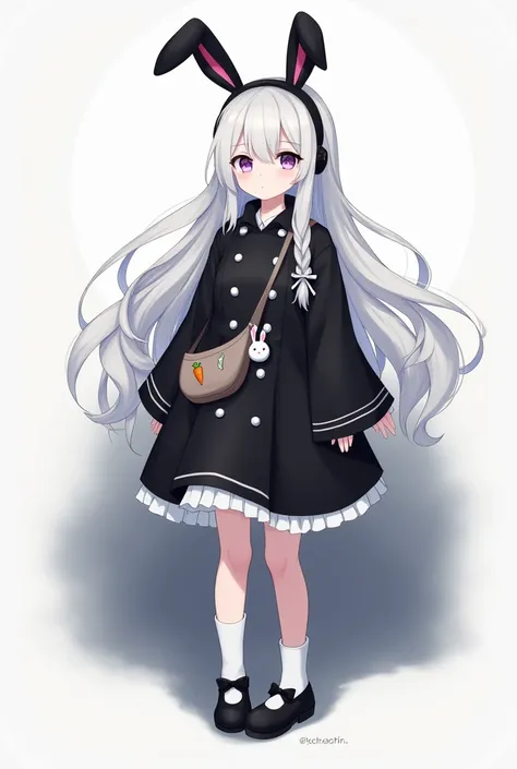 purple eyed long white haired anime woman with a side-braid, tired eyes, wearing a black bunny droopy ears headband, black frilly raincoat with a small bunny plushie in the chest pocket, oversized sleeves, waist bag with a carrot pin, white socks, black bo...