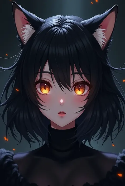 Anime style woman with black hair,  cat ears and amber eyes dressed in black