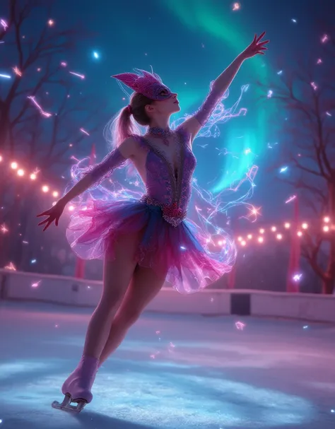 (effect of Musical staves and notes appear flowing on the screen, Lively and colorful music staves and notes flowing). Outdoor skating rink, A dynamic pose, Dynamic movement, figure skating, Wearing a leotard and miniskirt-length frill outfit, Costumes mad...