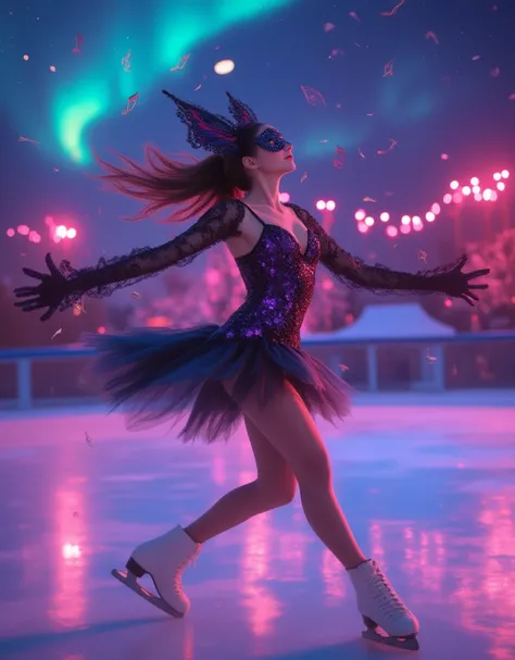 (effect of Musical staves and notes appear flowing on the screen, Lively and colorful music staves and notes flowing). Outdoor skating rink, A dynamic pose, Dynamic movement, figure skating, Wearing a leotard and miniskirt-length frill outfit, Costumes mad...