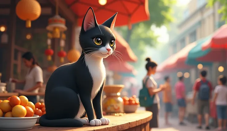 "Ephy, the black-and-white cat, sitting anggora. Tuan Bima’s craft stall at the local market. The cat looks calm and poised while Tuan Bima interacts with the customers, smiling as people admire Puskas unique appearance, the mole near the nose adding a tou...