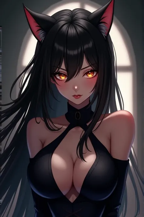 Anime style woman with black hair,  cat ears,  amber eyes, dressed in black, seductive