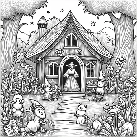  Colring Book Stile , Witch in the Forest,House of the Witch ,gnomes,Cat,flores.estlo  