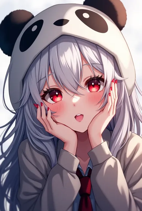 anime girl, tongue out, scar on eye, bright red eyes and white hair,  real、 imaginary、 long hair、 panda 、Im wearing a panda hat、Hands next to face、