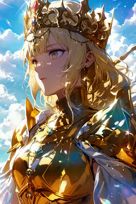  A warrior goddess wearing a crown with sparkling gems,  shiny blond hair ,  dressed in gold and divine armor ,  in front of a magical kingdom ,  with heavenly clouds and beautiful nature  