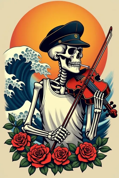 Old School tattoo design with a skeleton in a Thomas Shelby cap holding a violin on his shoulder with a cigarette in his teeth and a sleeveless tank top, against the background of the sun and waves with roses 