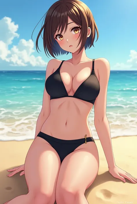  Beautiful 20-year-old woman with white skin,  short brown hair to the shoulders ,  brown eyes, serious face,  pink lips,  slim body, Vikini black with black briefs , Girl lying on the sand,  fondo playa,  anime-style illustration .