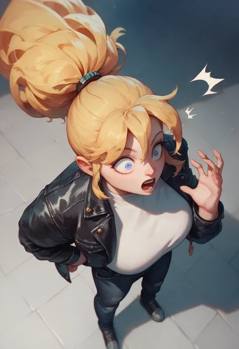 ((masterpiece, best quality, extremely detailed, absurdres)), a capital city of skyscrapers and a gigantic girl, from above, blonde ponytail hair, surprised face, white skin, comical face, denim jacket, black leather pants,