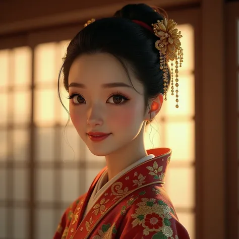 Create an elegant, traditionally dressed a so beautiful sexy Japanese woman standing in soft sunlight. She wears an intricate, ornate kimono and delicate embroidery in shades of gold, red, and green. A gentle gaze, a faint smile on her lips, Her hair is st...