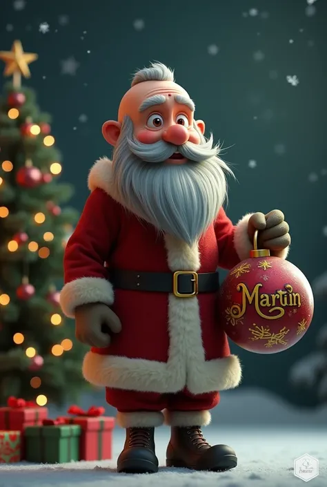 Realistic animated Christmas image of a young white , without hair and with a gray beard shaped like a padlock and that he is serious carrying a Christmas sphere that says Martin with a Christmas tree in the background