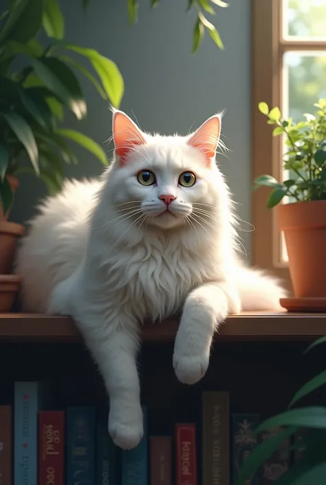  cat looking down at the camera from the top of the shelf 。Hang one leg loosely 、 A relaxed yet curious expression 。 The coat color is a long-haired white cat 。 bookshelves and foliage plants are vaguely reflected in the background。 The composition is an a...