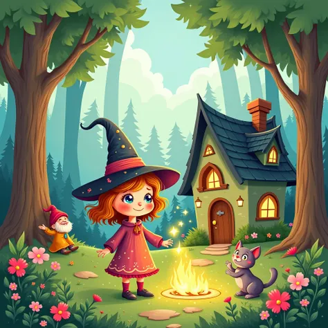 Little witch in the forest,House of the Witch ,Cat, gnome,trees.coloring book stile.